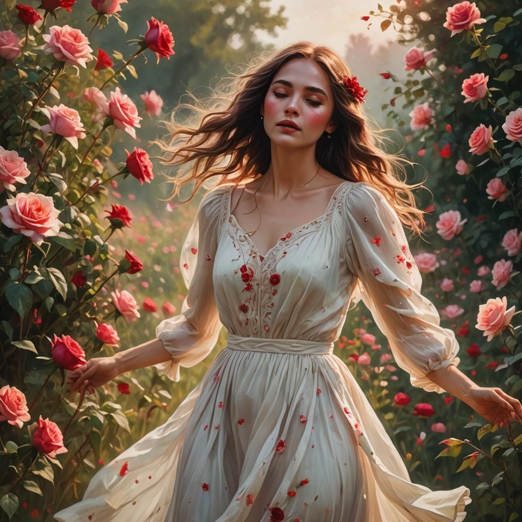 Girl in Rose Field: Art Nouveau Digital Painting