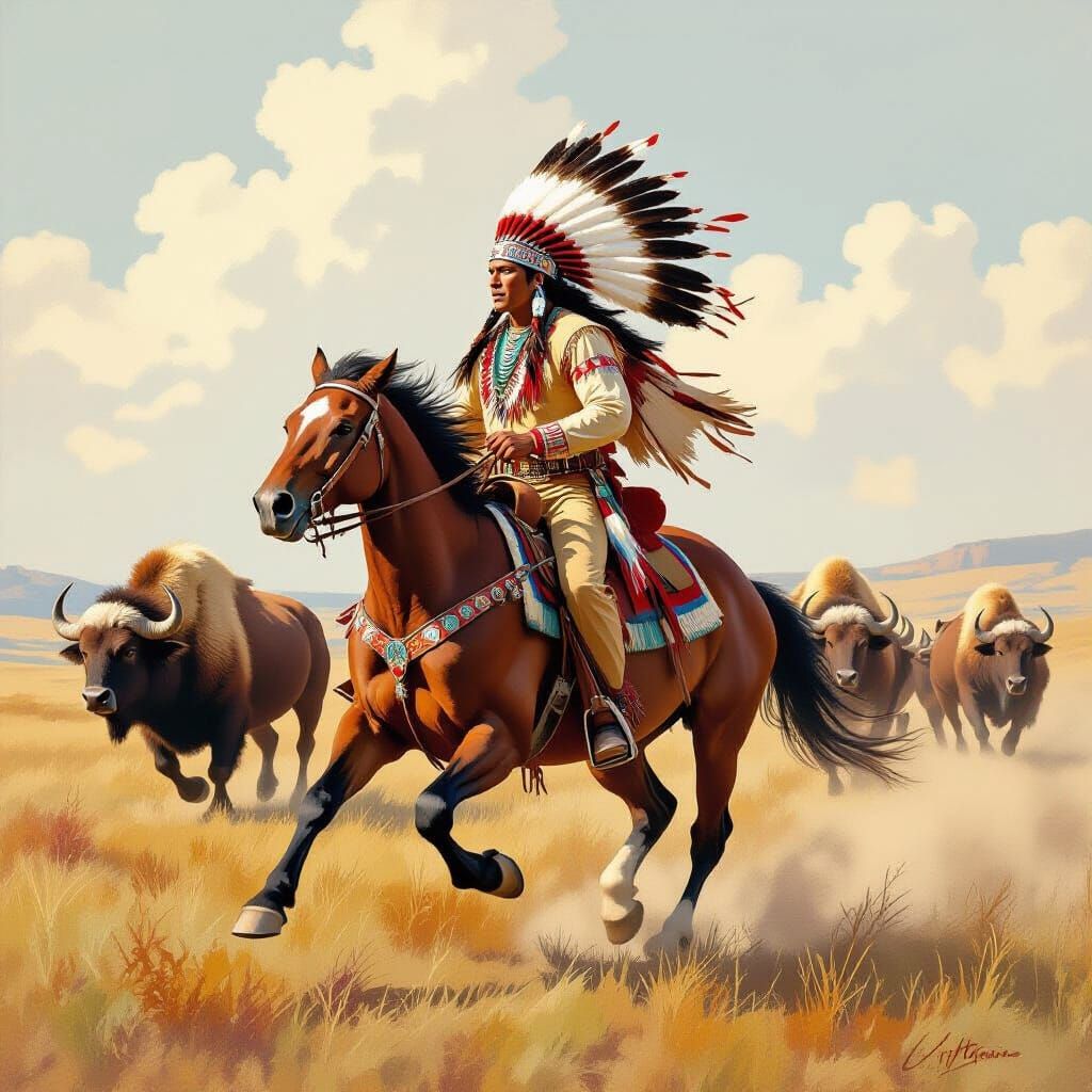 Cherokee Warrior Buffalo Chase in Western Art Style
