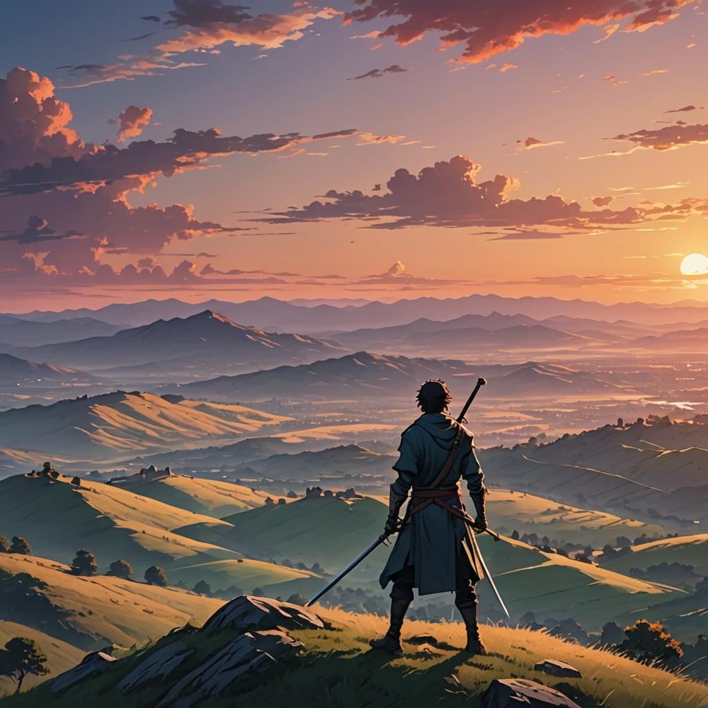 Sunset Swordsman in Manga Style with Cel-Shading