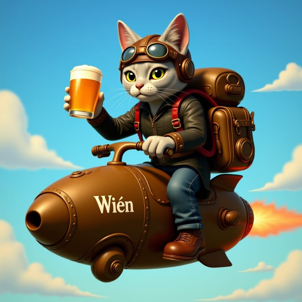 Steampunk Tabby Alien Rides UFO in Digital Art