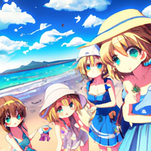 Anime Girls' Beach Day in Ghibli Style