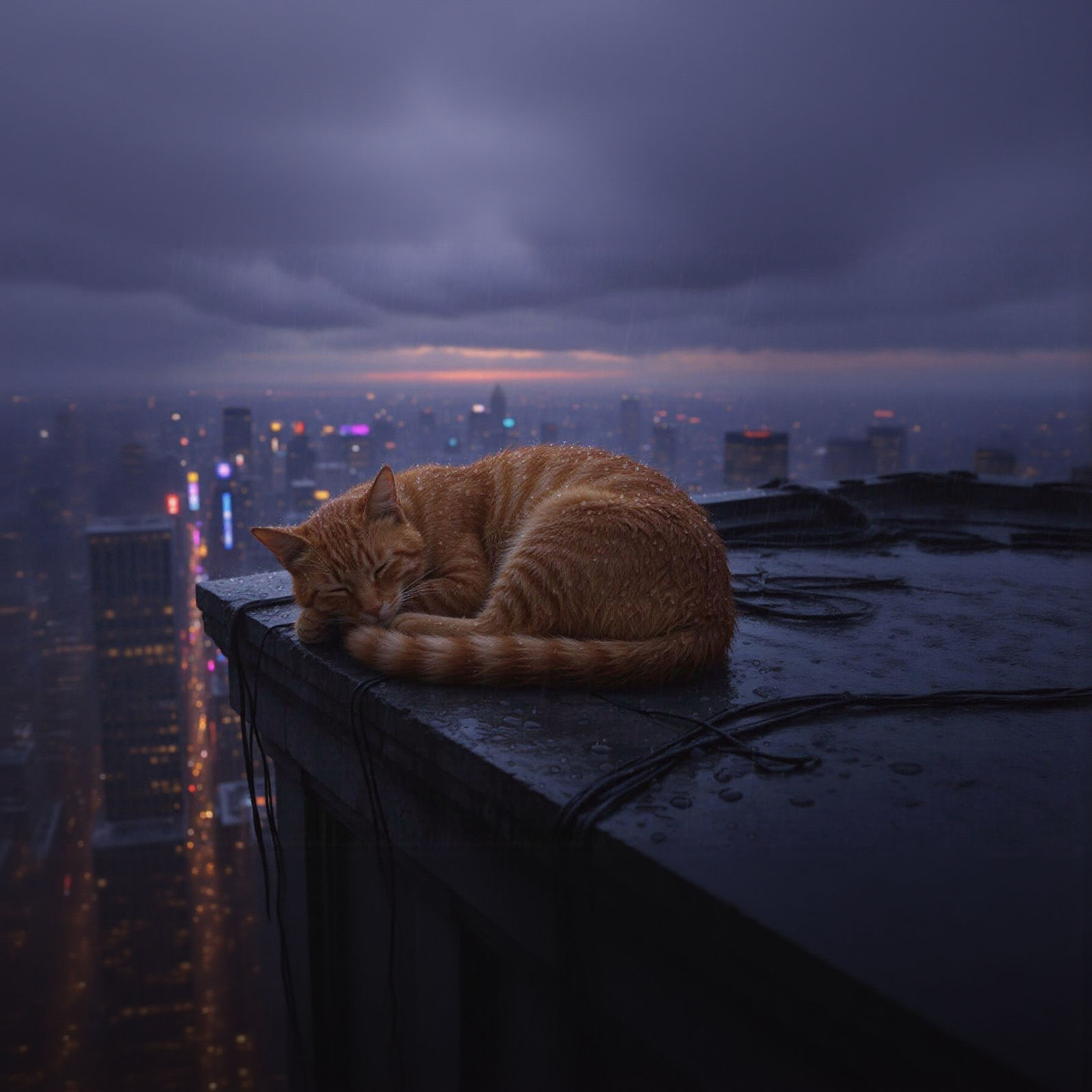 Cat Napping Atop a Skyscraper