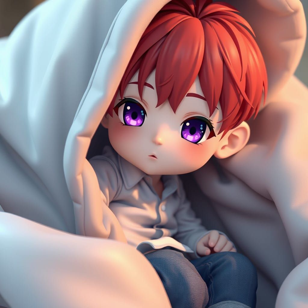 Chibi Boy Hides in Cozy Blanket Scene in Anime Style
