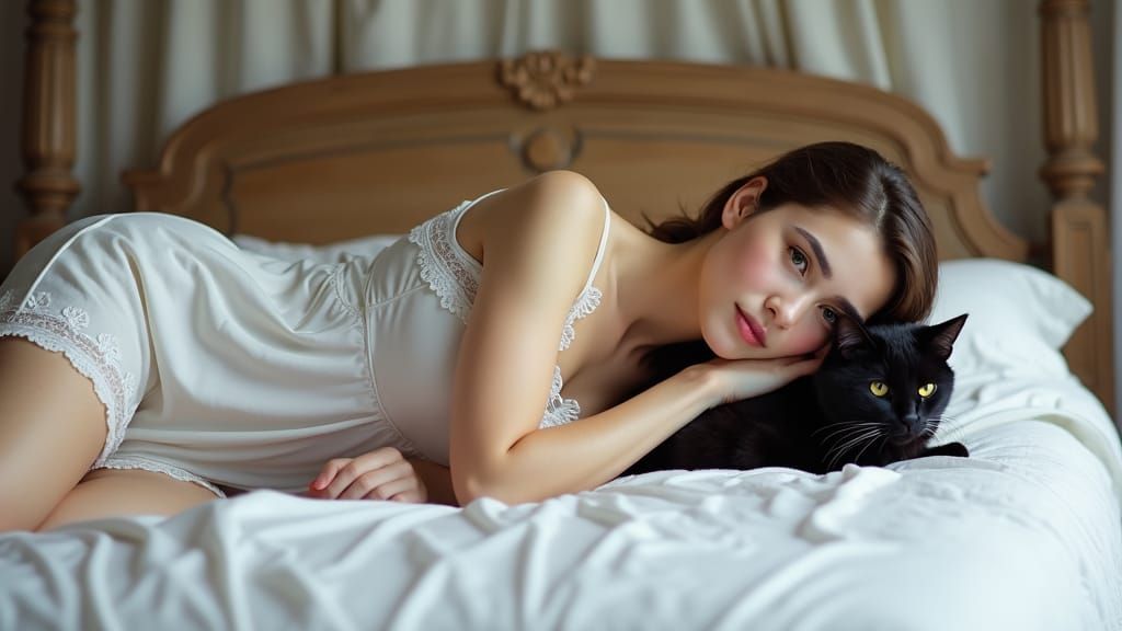 Woman and Cat Resting on White Bed
