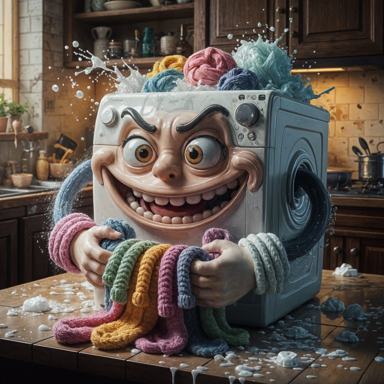 Mischievous Washing Machine with Socks, Whimsical Digital Ar...