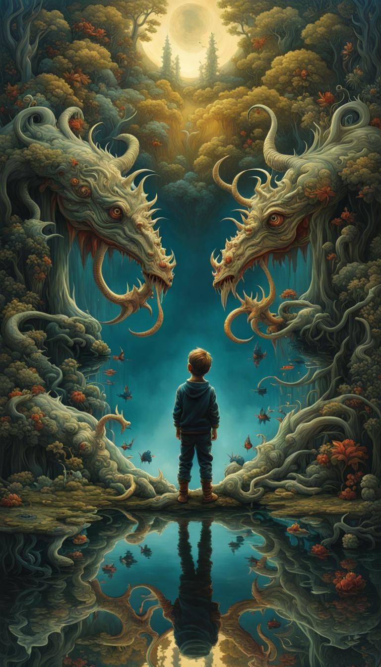 Boy's Grotesque Reflection in Twilight Fantasy Art
