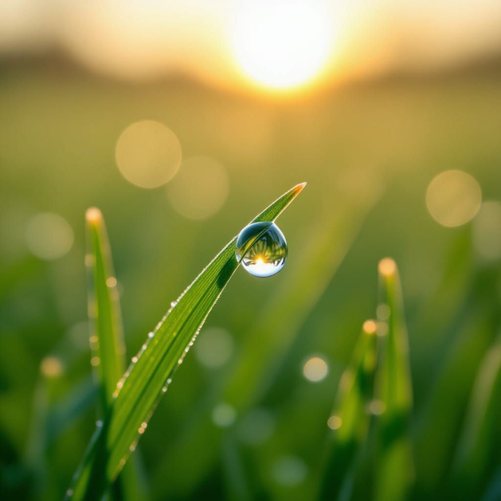 Macro Dewdrop on Grass Blade in Golden Hour Light