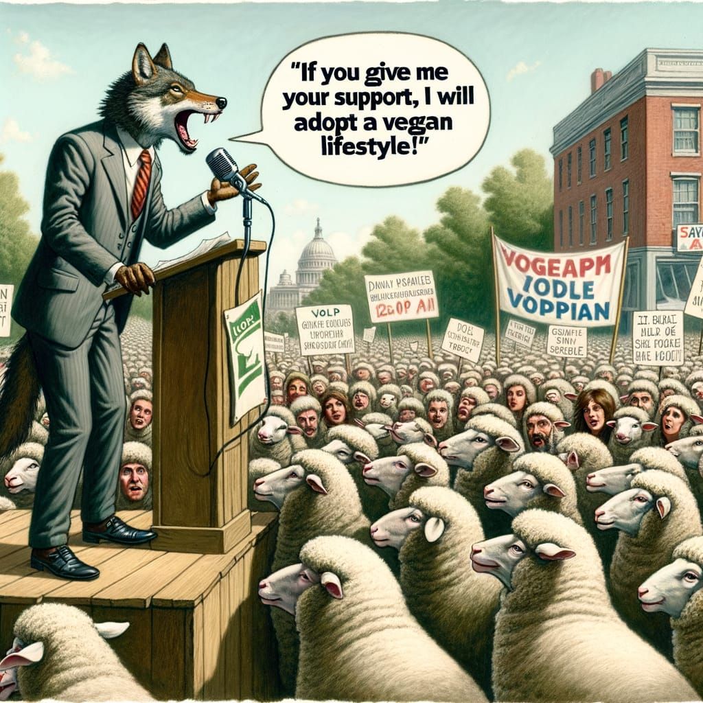 Humorous Wolf Politician Addresses Sheep Crowd