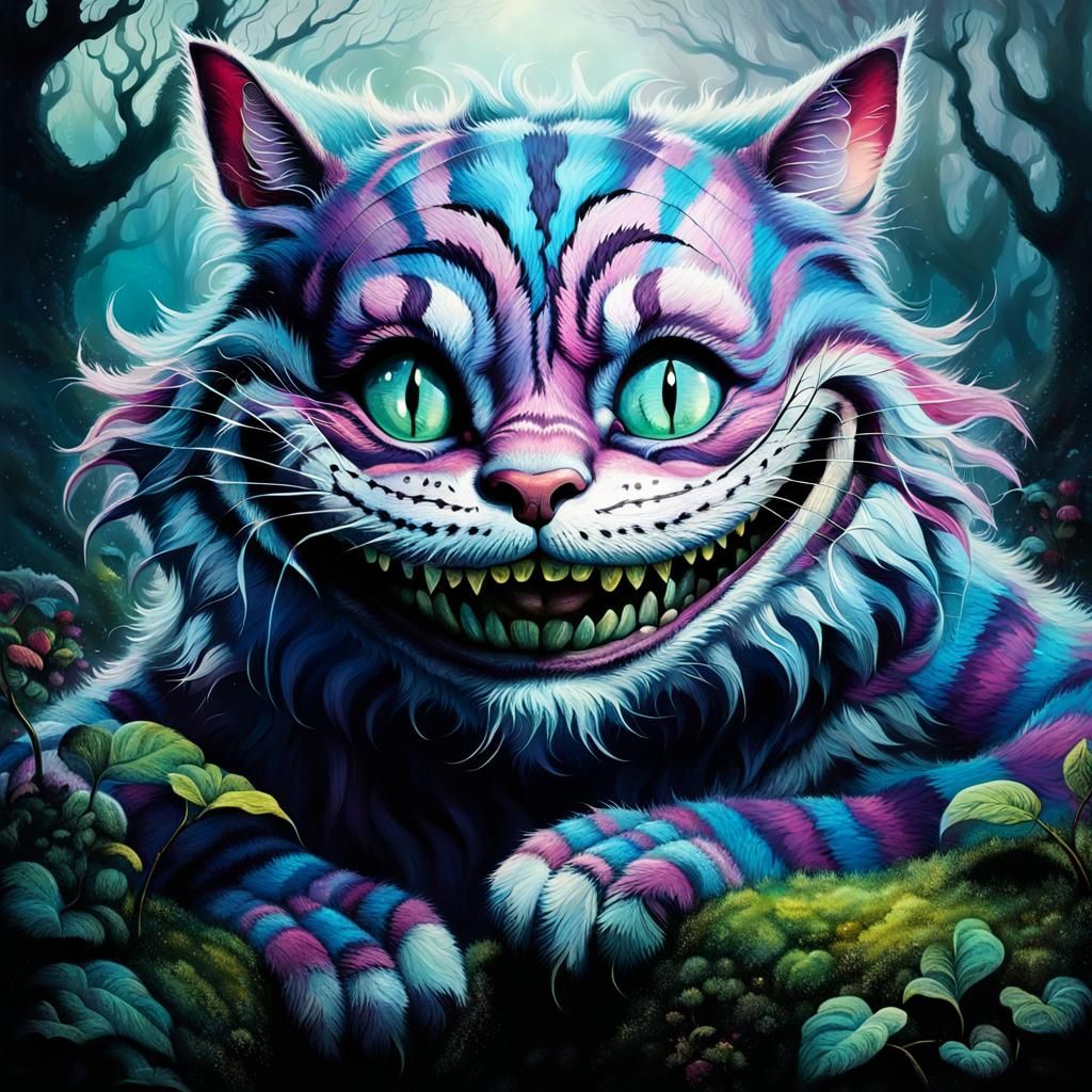 Surreal Cheshire Cat Grin in Misty Wonderland
