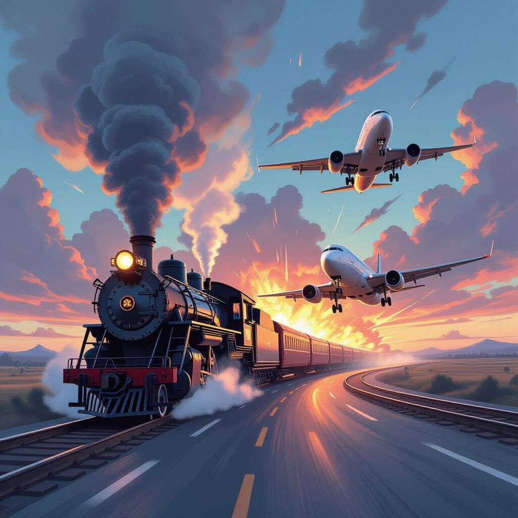 Futuristic Transport: Train, Road, and Airplane in Vivid Con...