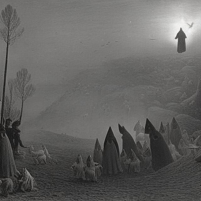 Angels and Trolls in Dark Woodcut Style