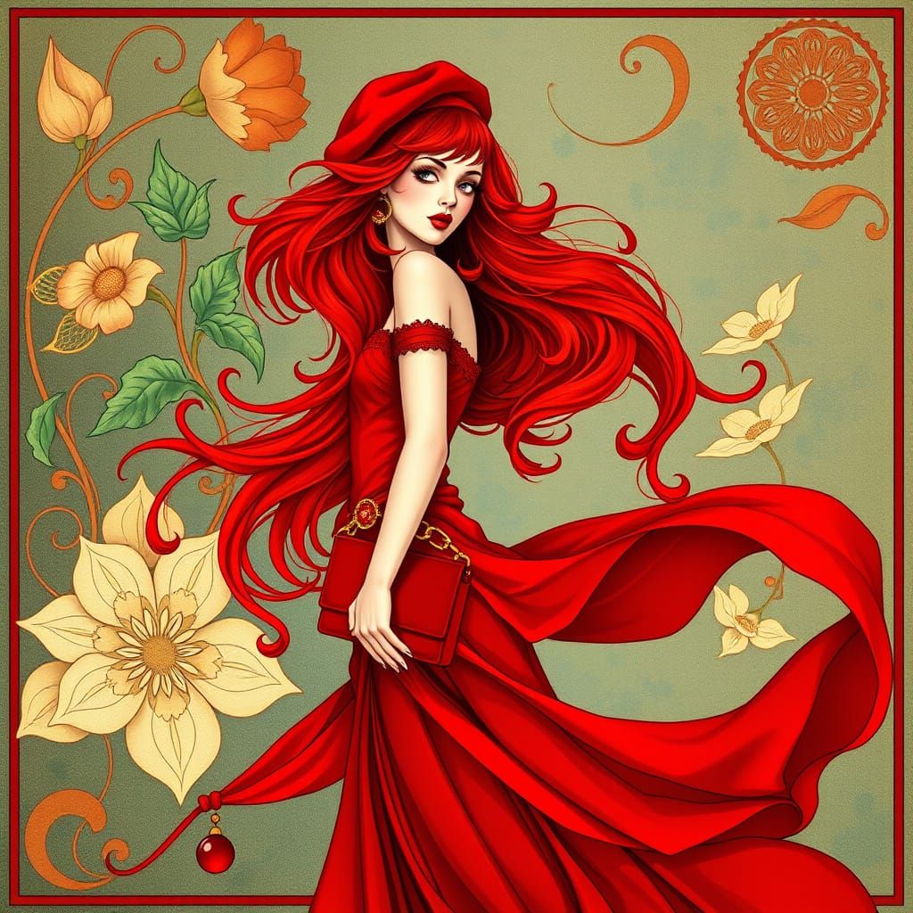 Girl in Red Outfit in Art Nouveau Style