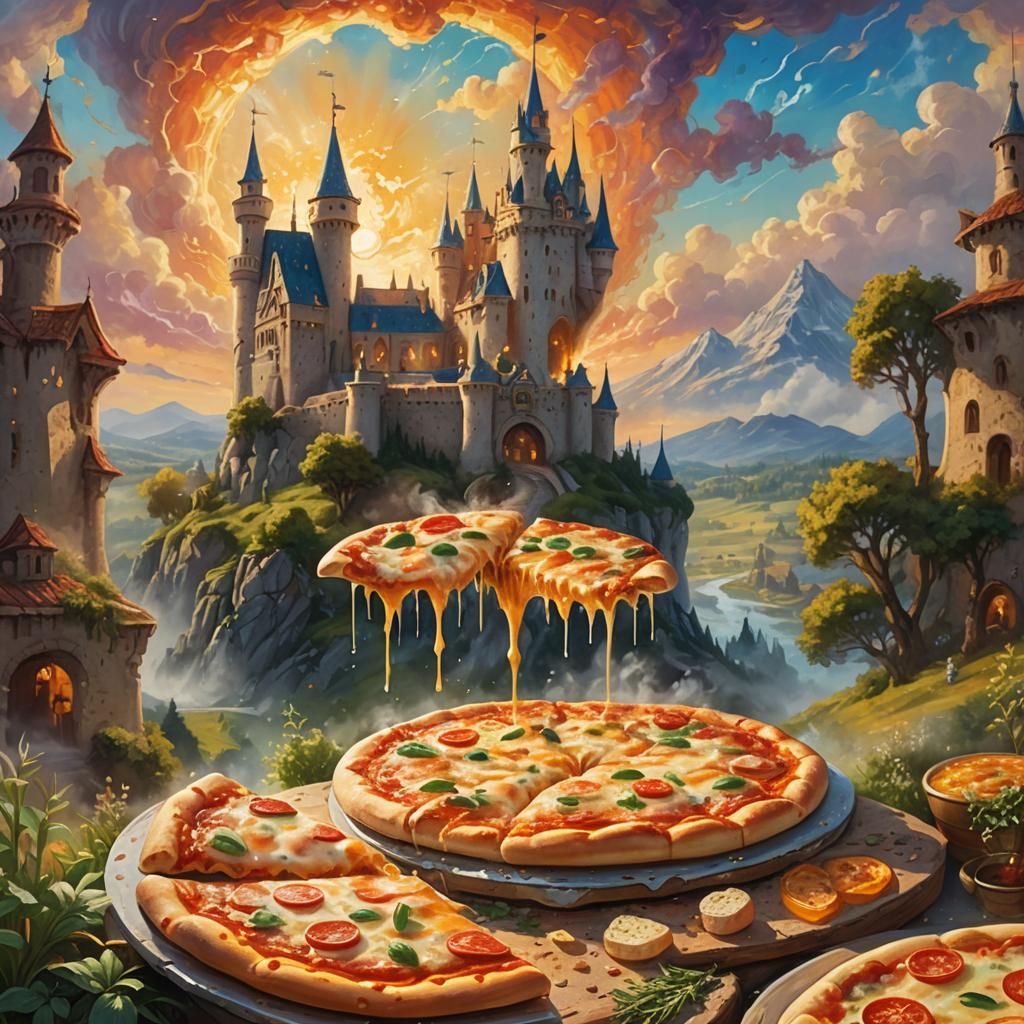 Magical Pizza Kingdom: Fantasy Oil Painting