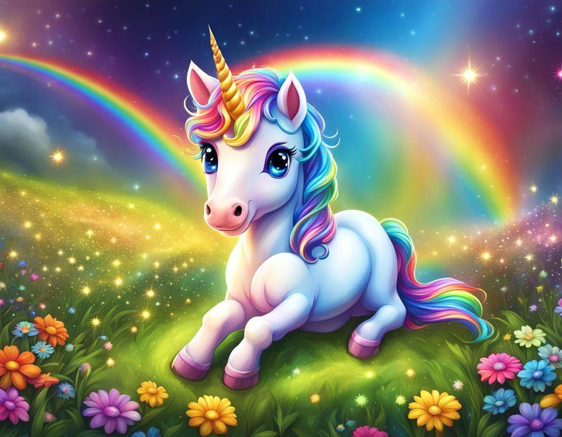 Chibi Rainbow Unicorn in Sparkling Meadow
