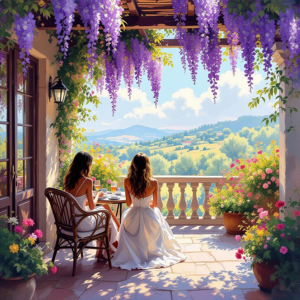 Woman in Wisteria Gazebo in Impressionistic Style