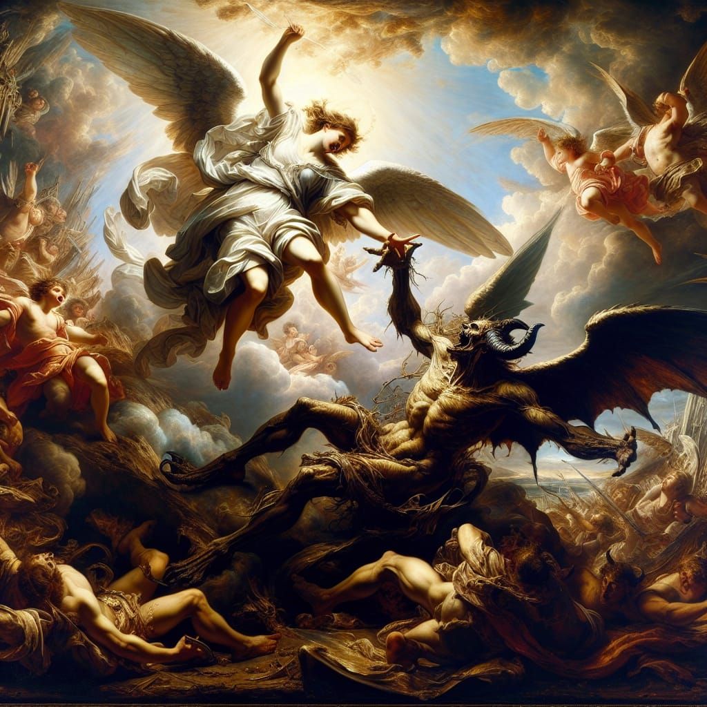 Avenging Angel Defeats Menacing Demon in Baroque Battle Scen...