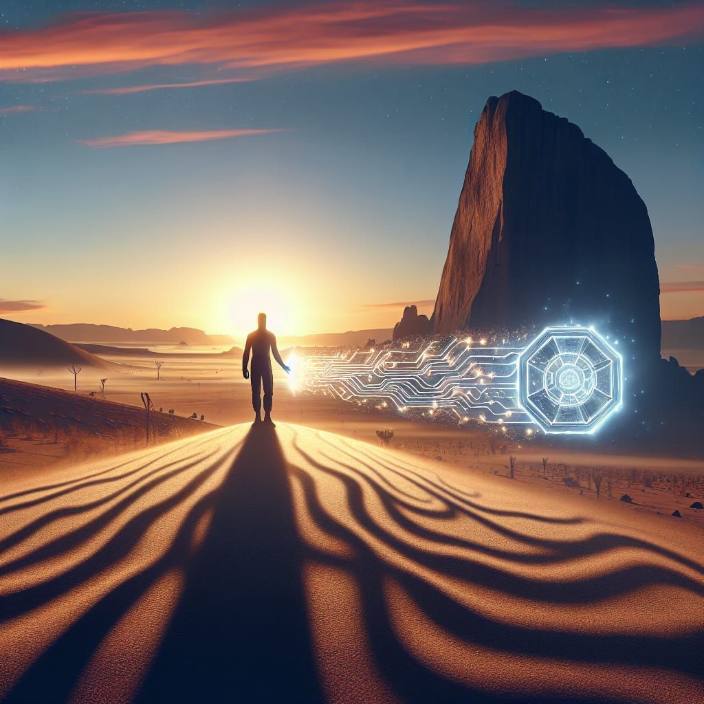 Desert Twilight: Abstract Figure Illuminates Etched Sands