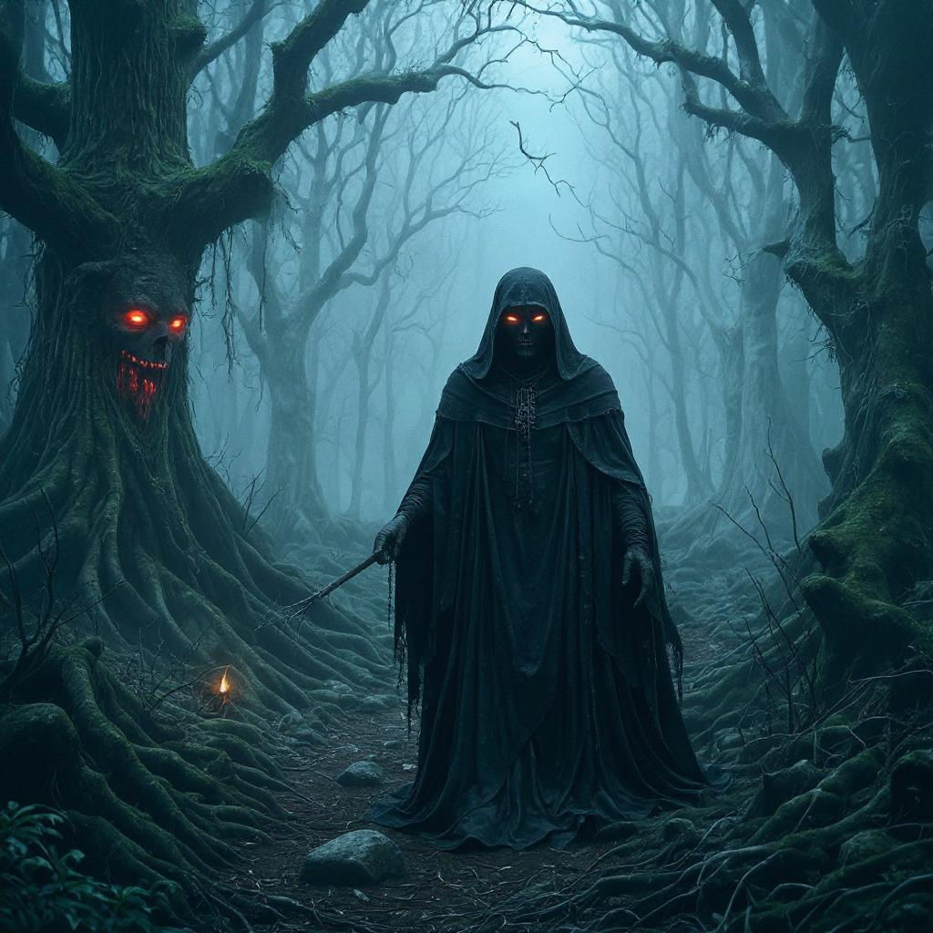 Cursed Forest: Figure at Bone Altar Under Blood Moon