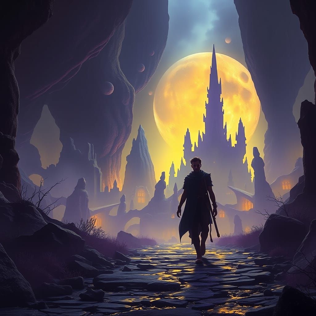 Dark Fantasy Realm, Burdened Figure, in Greg Rutkowski Style