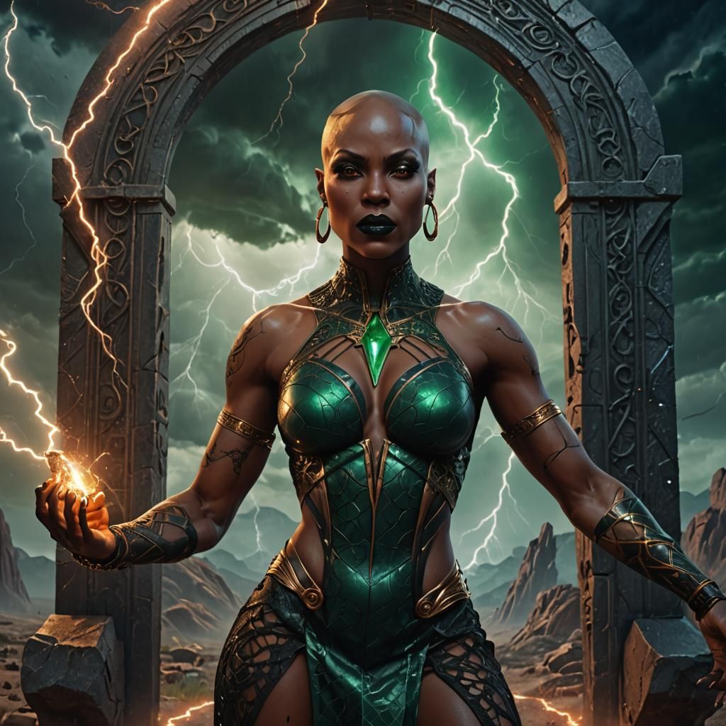 Muscular Alien Woman at Lightning Stone Portal