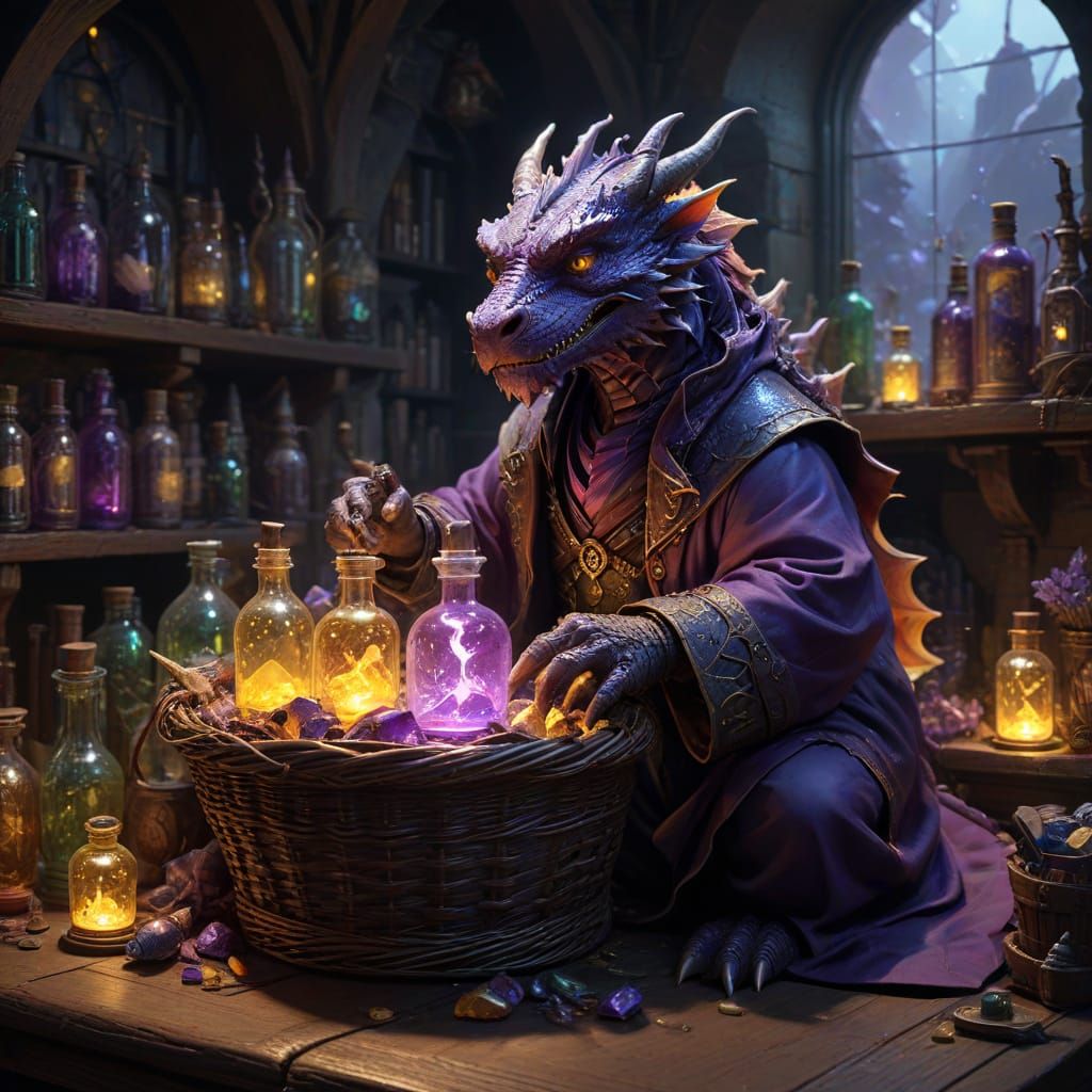 Mystical Wizard in Dark Fantasy Lab with Miniature Dragon