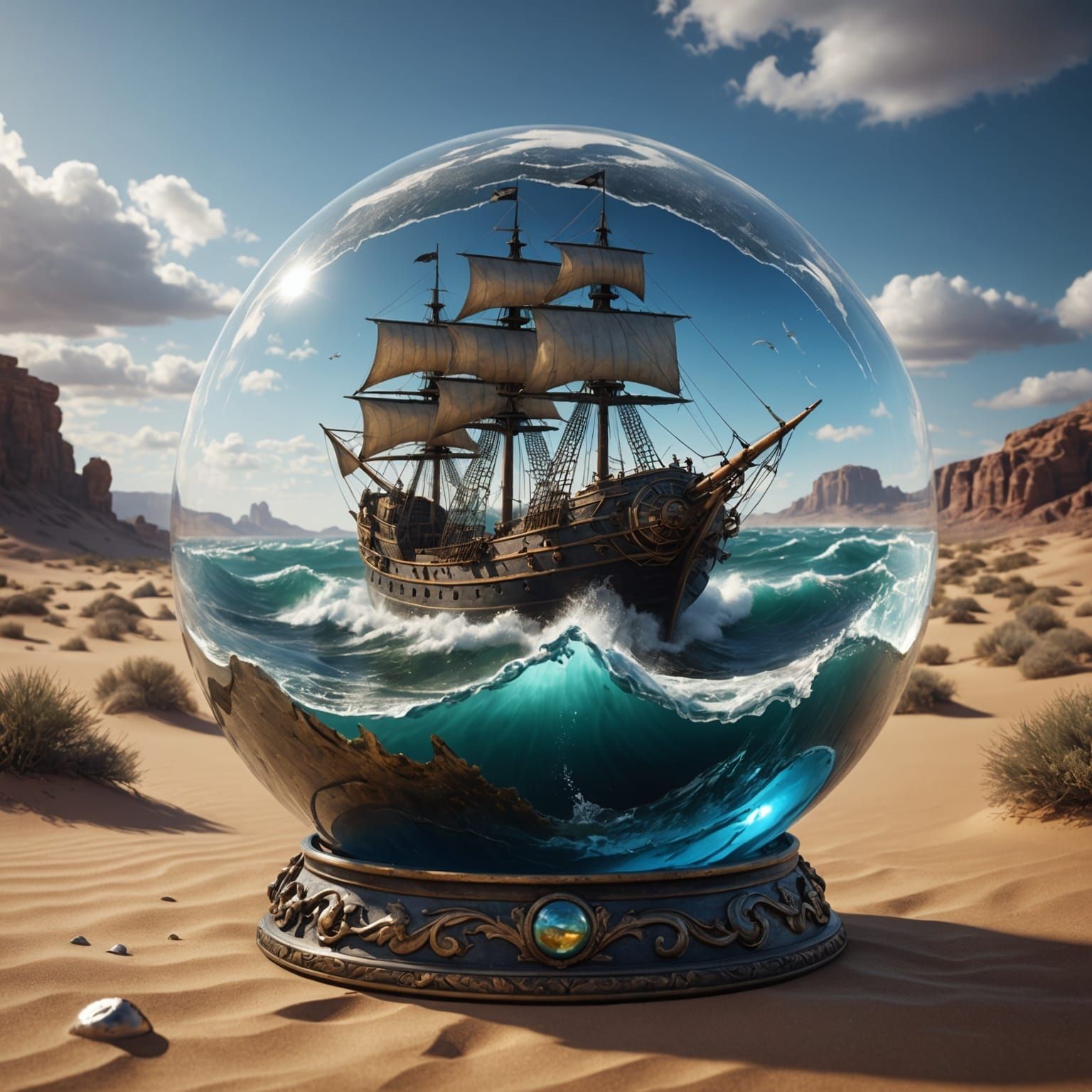 Corsair on Stormy Sea in Glass Sphere