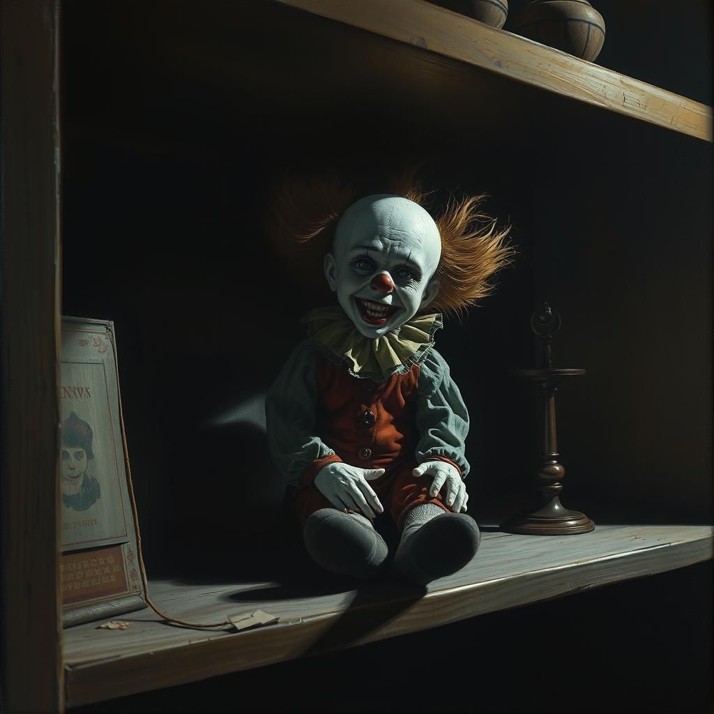 Ominous Clown Doll in Dark Horror Style