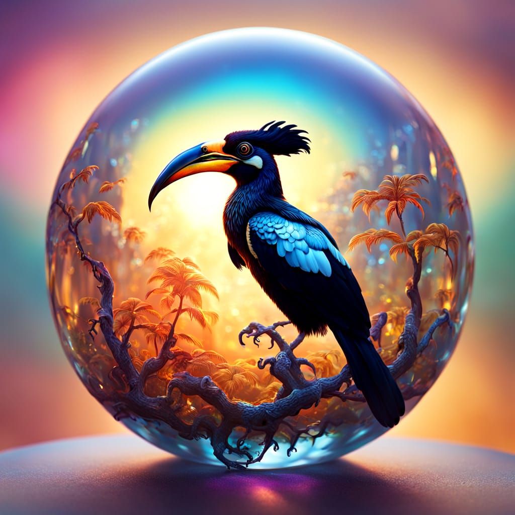 Hornbills Encased in Crystal Ball: Surreal Oil Painting