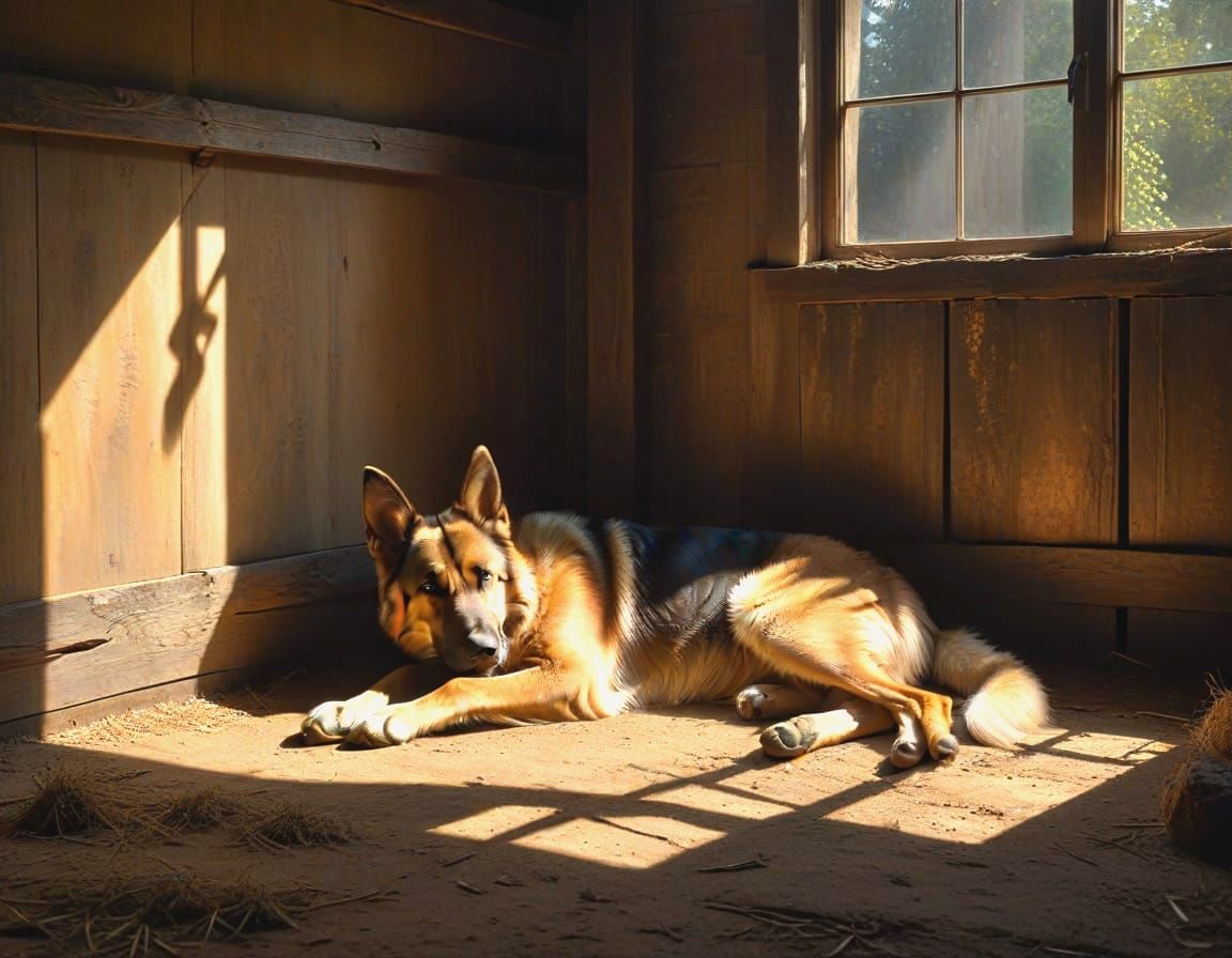 German Shepherd Napping in Barn with Lambs, Oil Painting