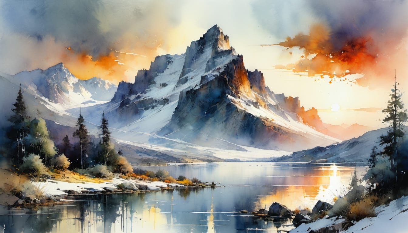 Vibrant Watercolor Snowcapped Mountain Landscape