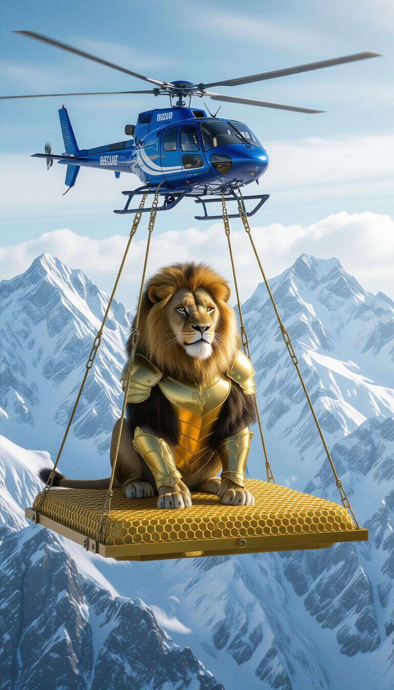Armored Lion Rescued by Helicopter Over Snowy Peaks
