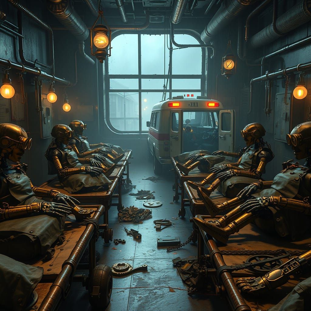 Steampunk Emergency Room Amidst a Foggy Cityscape