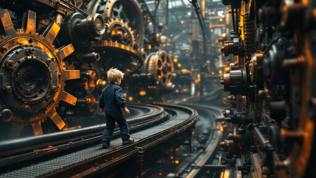 Boy Navigating a Steampunk Machine World