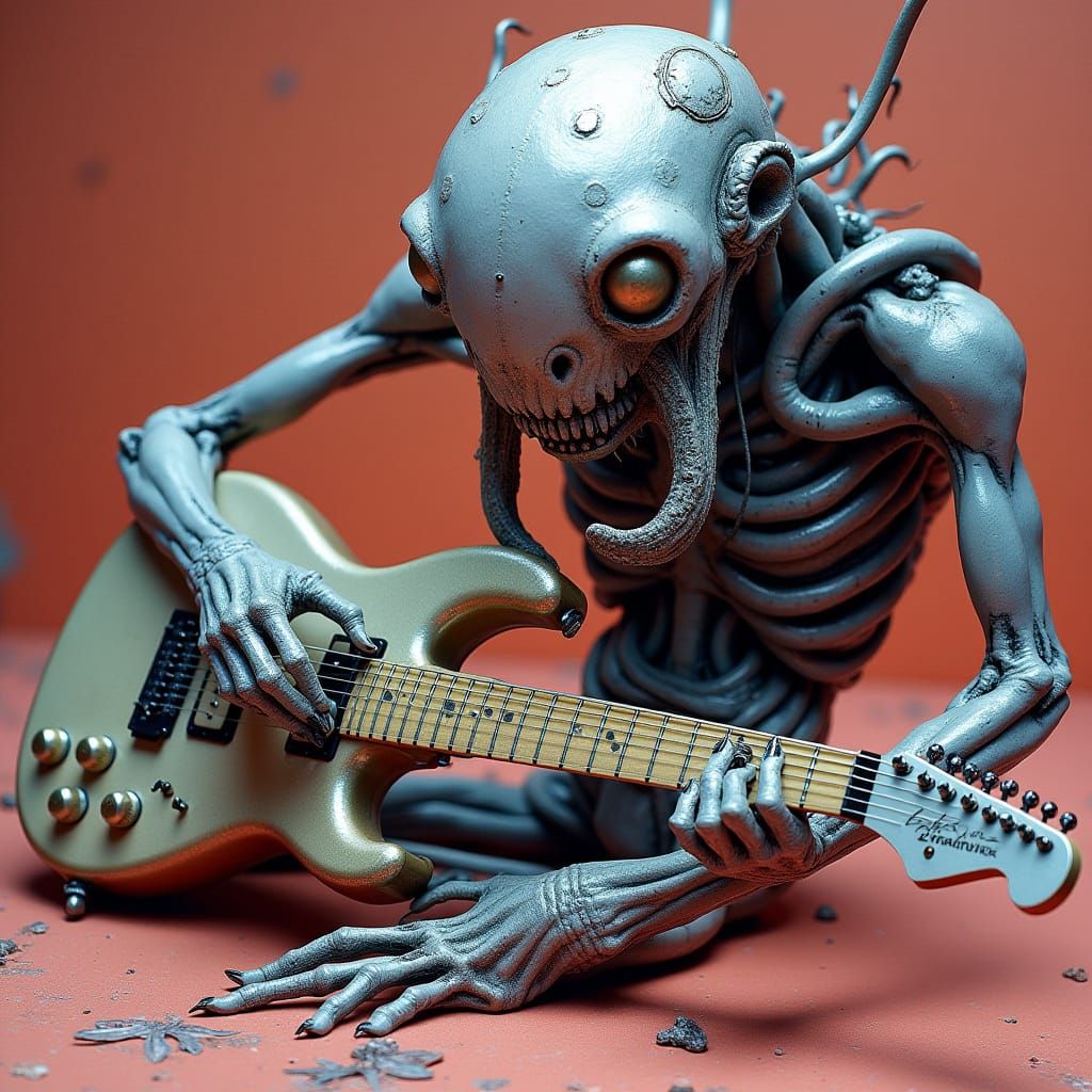 Mushroom-Man Hybrid Guitarist in Chrome Hallway