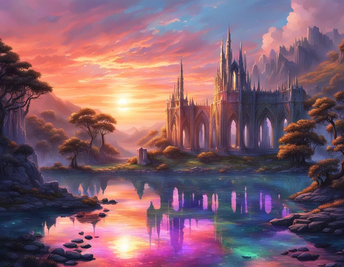 Elven Ruins by Iridescent Lake at Sunset