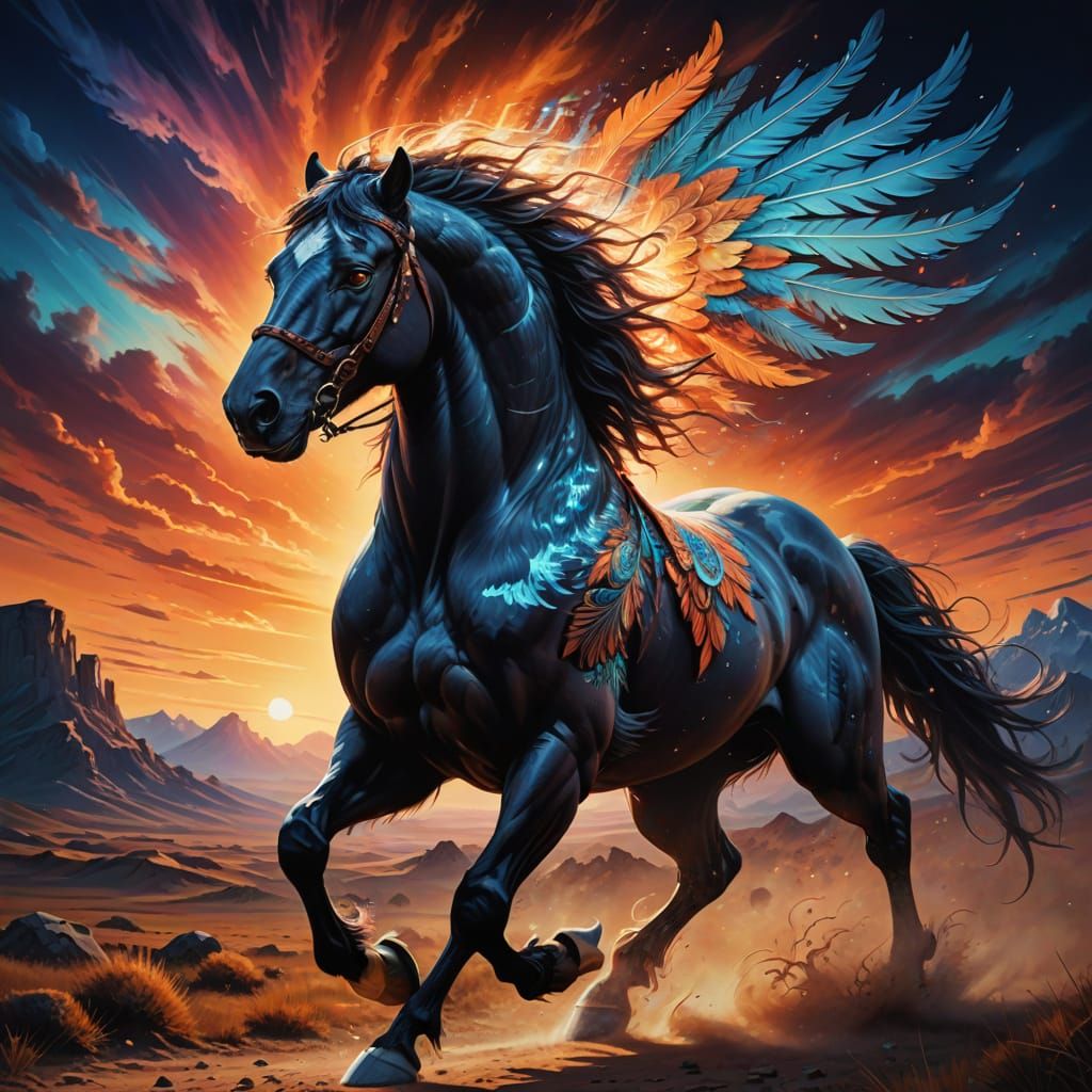 Surreal Fantasy Stallion Transforms into Radiant Eagle