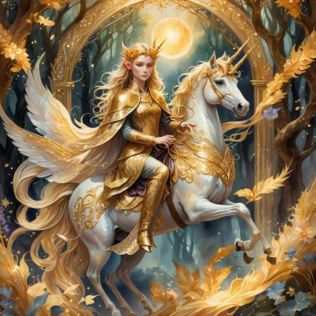 Golden Elf Rides Unicorn in Dreamy Watercolor
