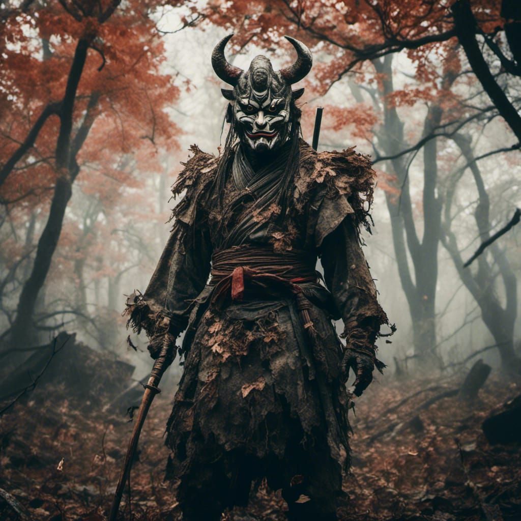 Oni Mask Figure on Battlefield in Graffiti Art Style