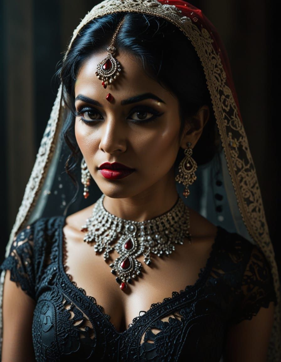 Gothic Indian Bride Portrait with Lace Dress