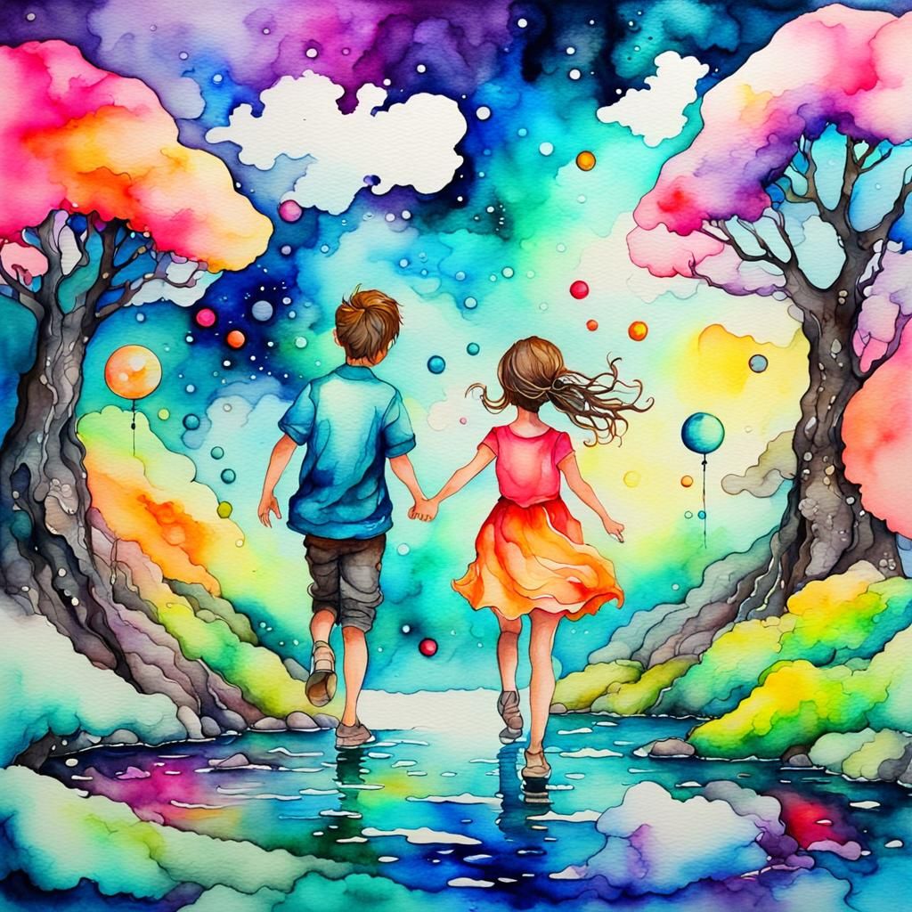 Children Playing in Fantasy Dreamland: Vivid Watercolor Art