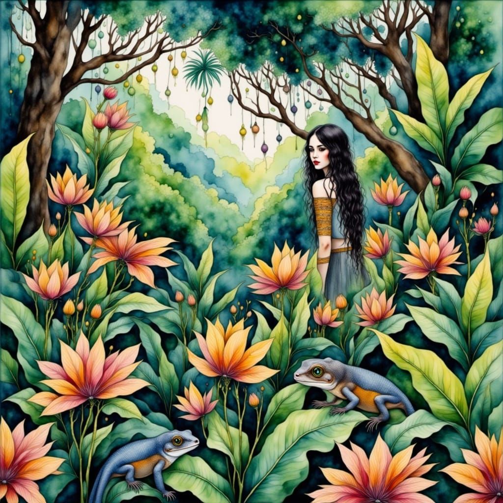 Vibrant Watercolor Jungle Scene in Whimsical Dark Fantasy St...