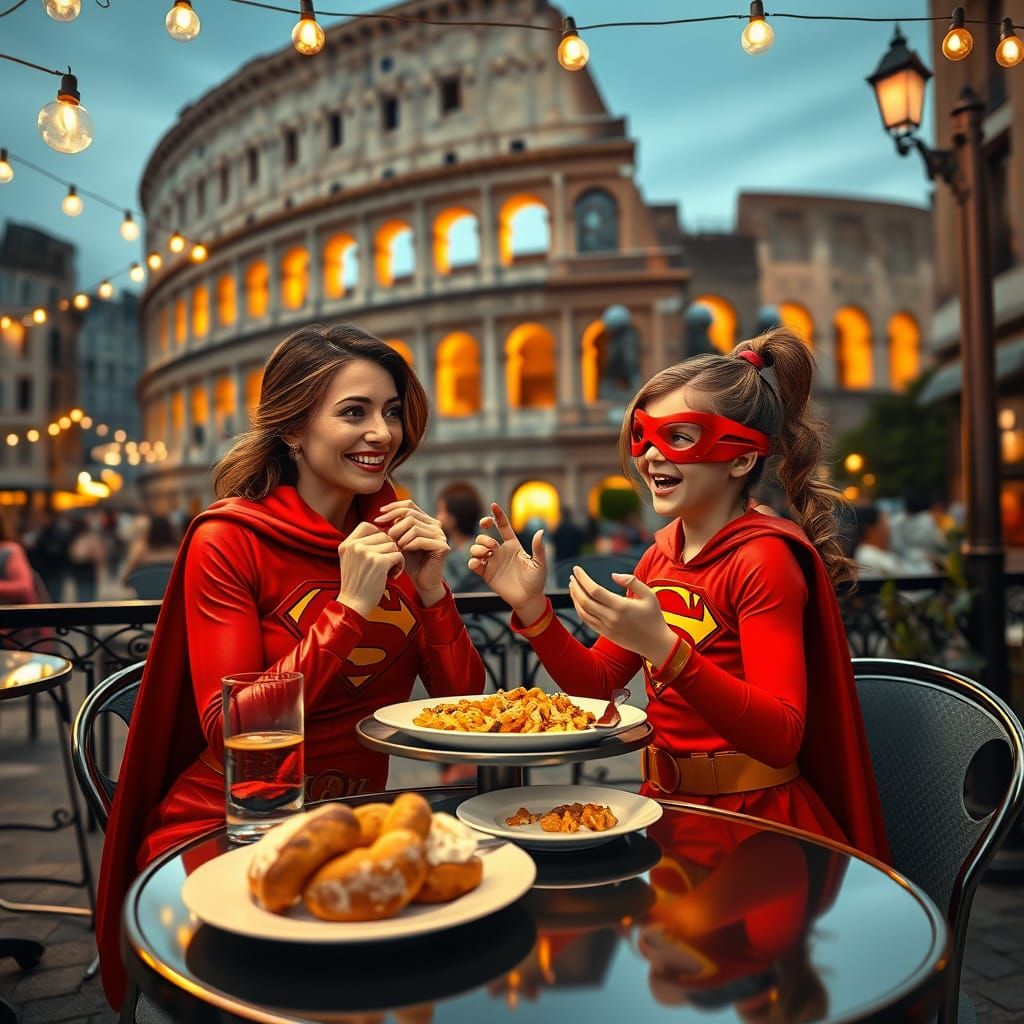 Mother-Daughter Duo in Vibrant Red and Orange Superhero Atti...