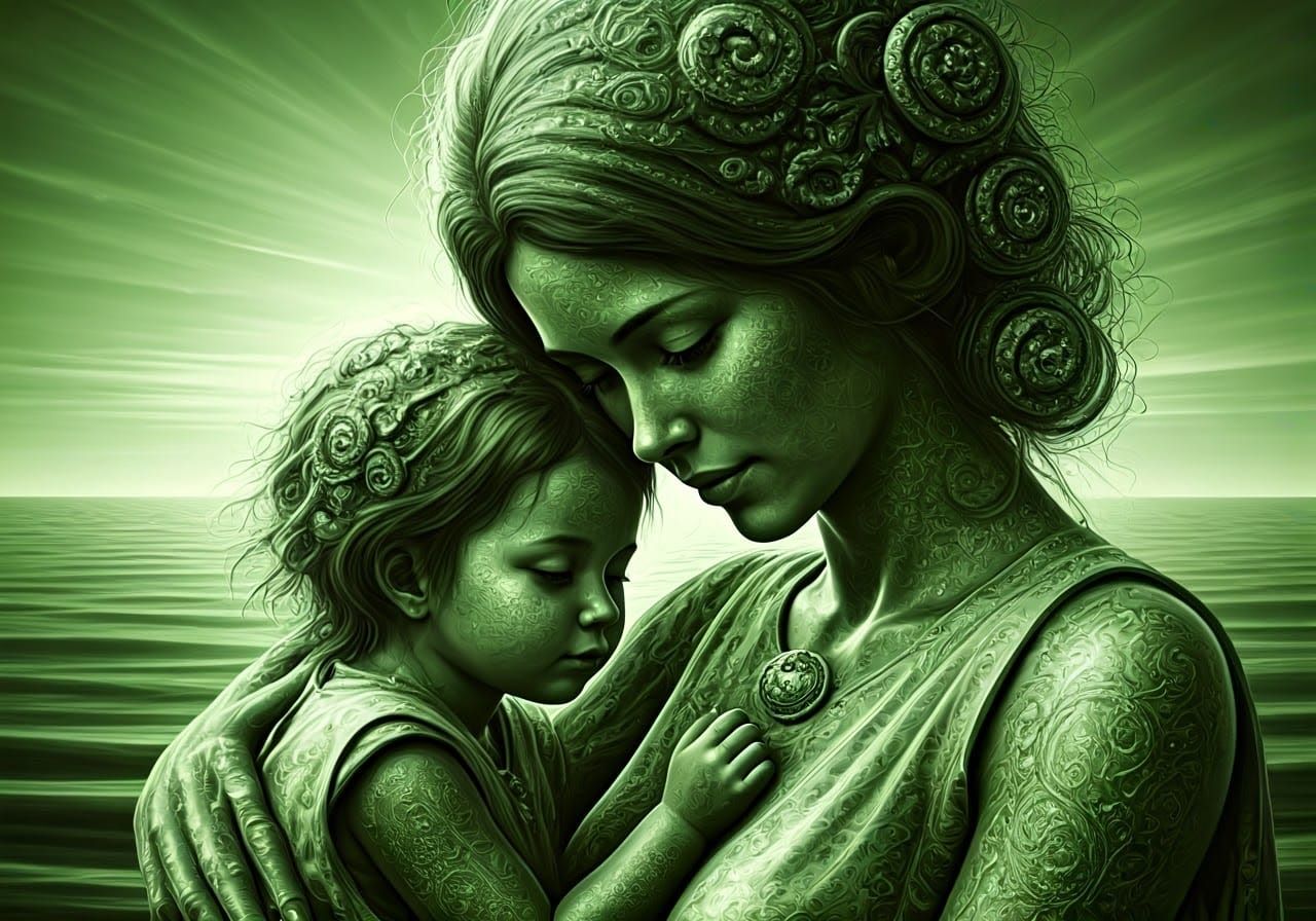 Monochrome Green Mother and Child in Art Brut Style