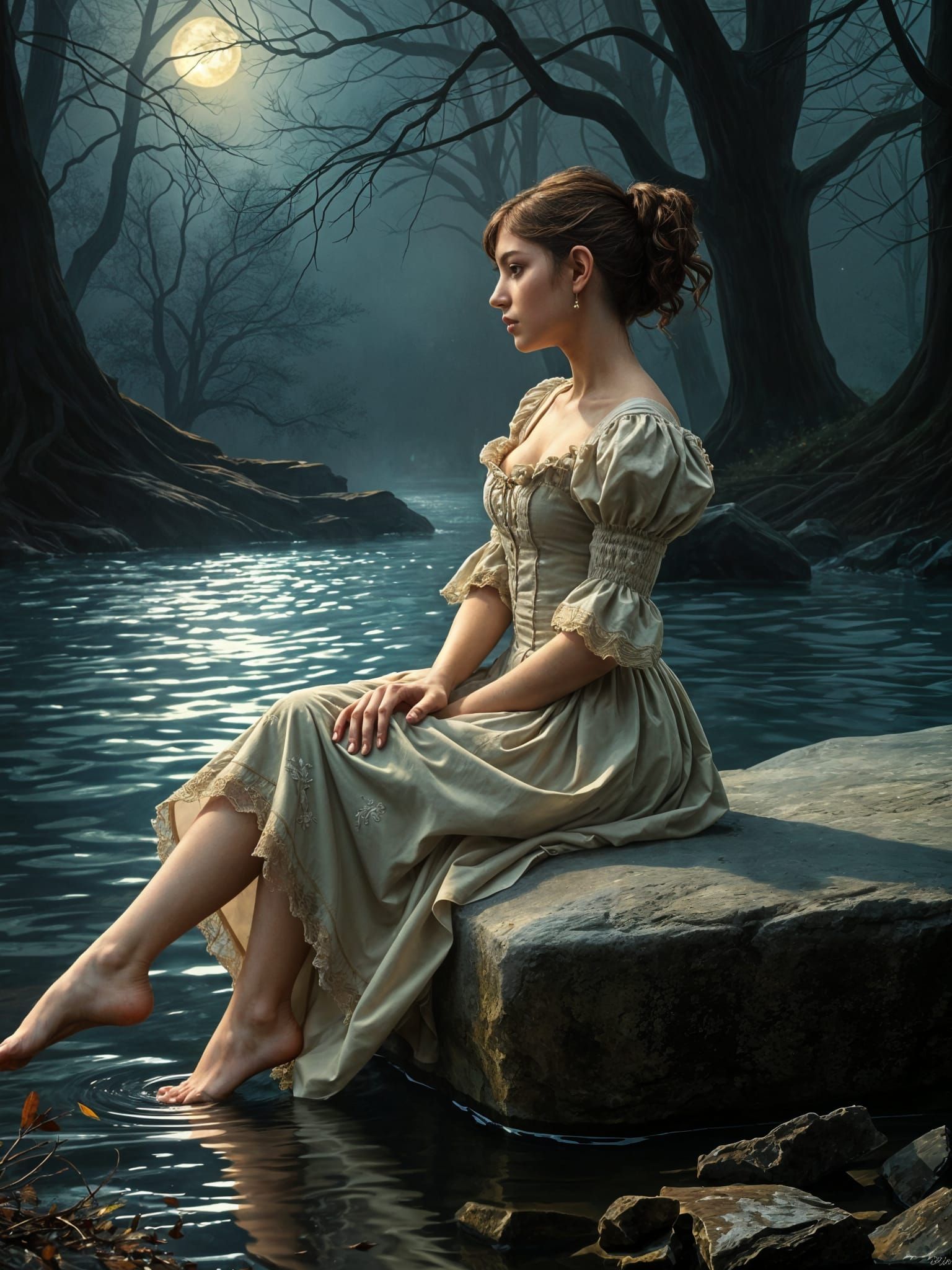 Colonial Woman by Creek in Hyperrealistic Horror Style