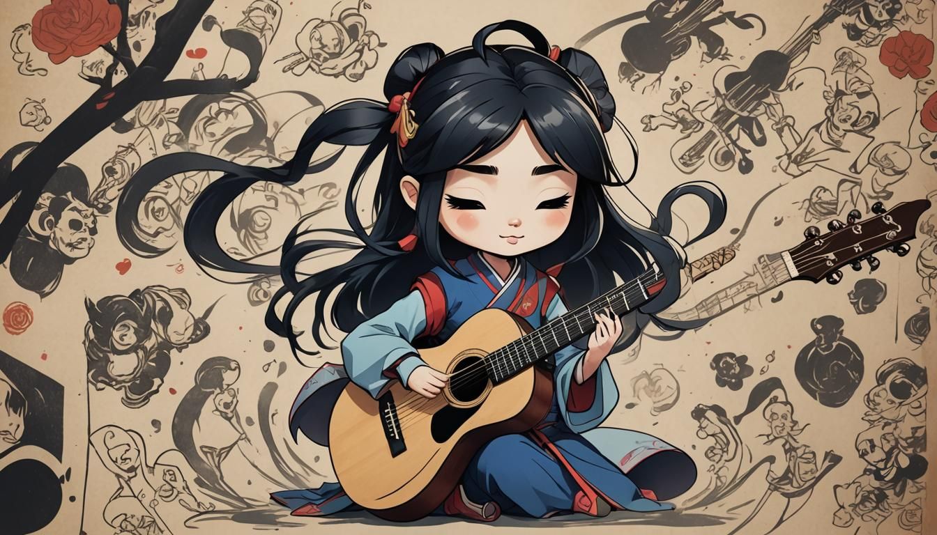 Mulan Chibi Guitarist in Anime Style