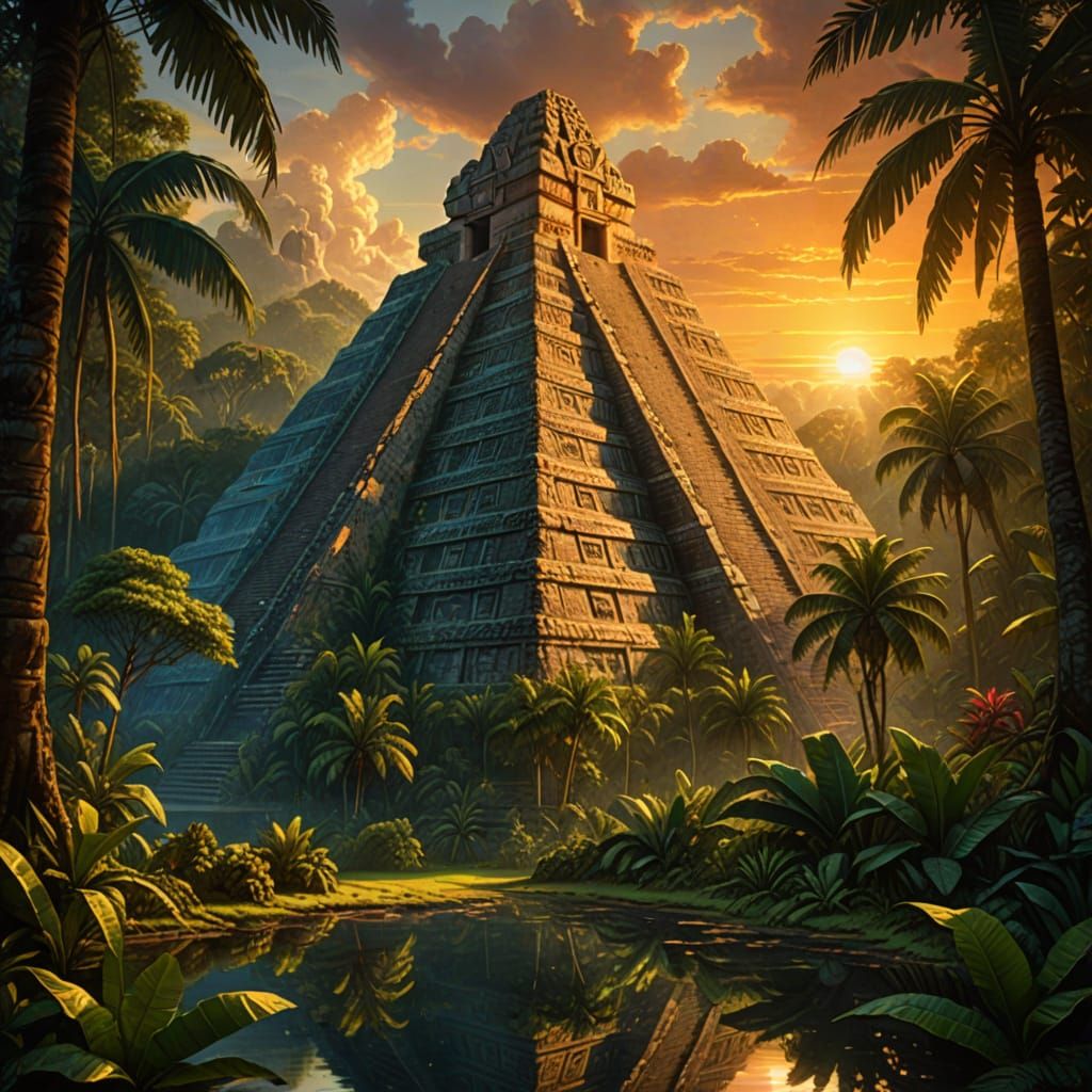 Mayan Pyramid Emerges from Jungle at Sunset