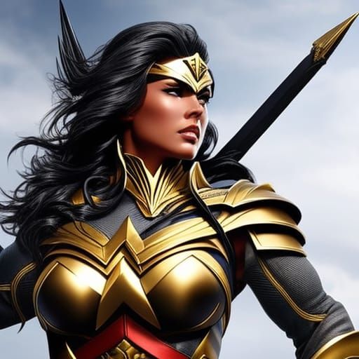 Wonder Woman in Black Leather Armor, Anime Style