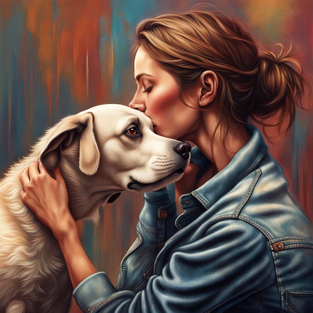 Woman Kissing Dog: Hyperrealistic Splash Art Portrait