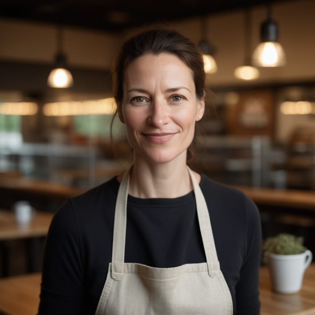 Warmly Lit Portrait of a Friendly Restaurant Owner