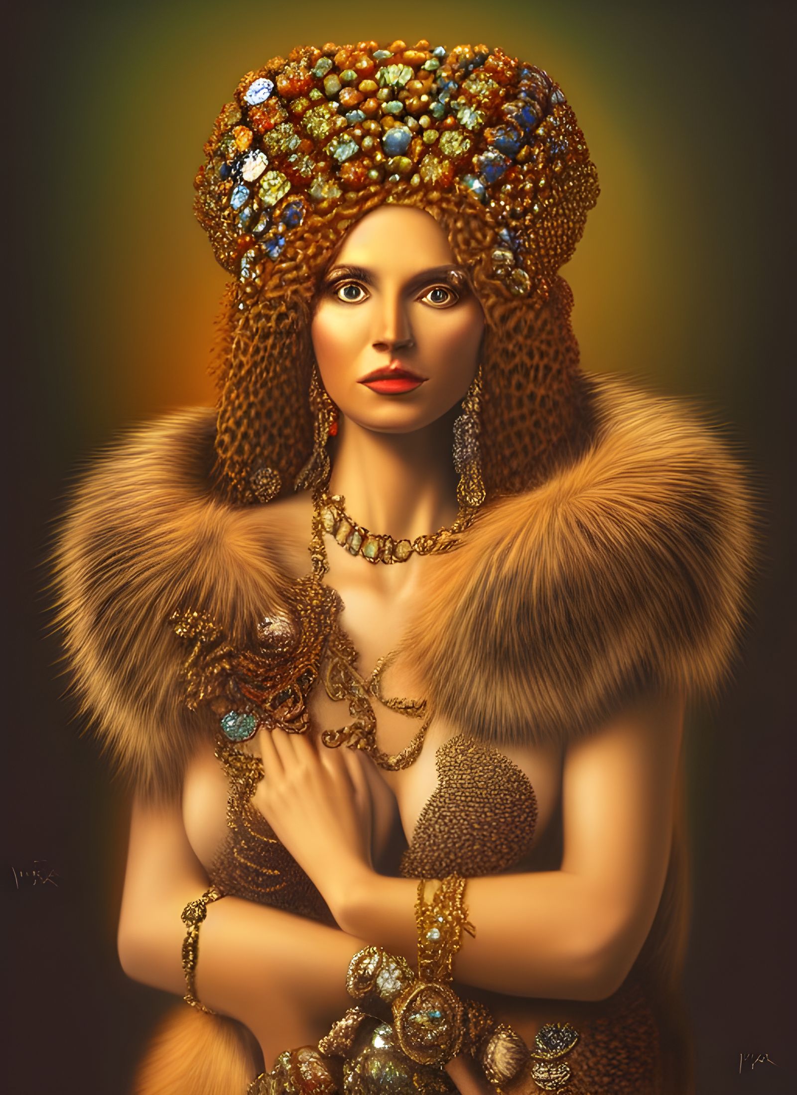 Fur-Clad Venus: A Hyperrealistic Portrait in Vivid Color